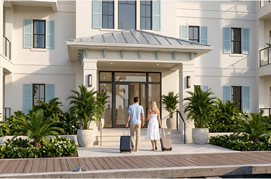 A couple with luggage arriving at the residence entrance