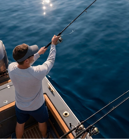 A man fishing from the stern of a boat