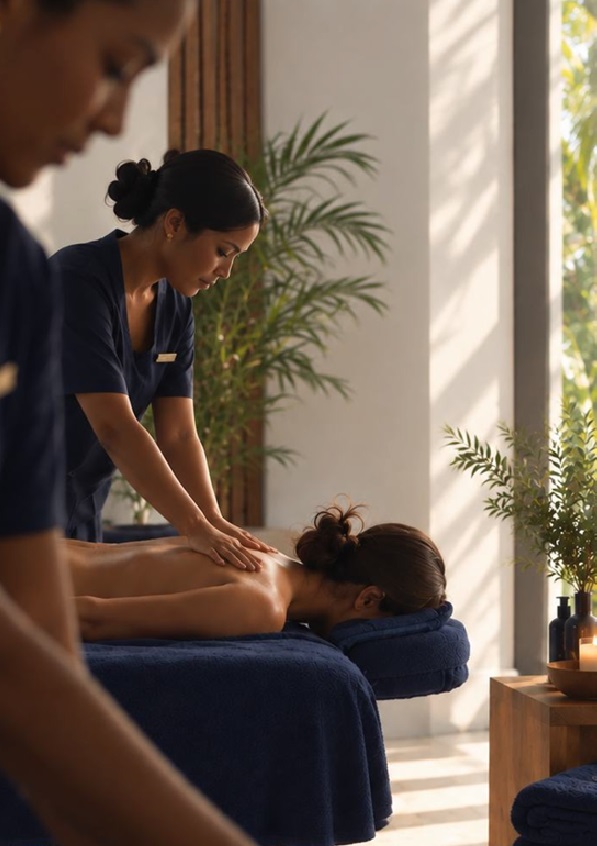 A therapist giving a massage in a calm, sunlit treatment room