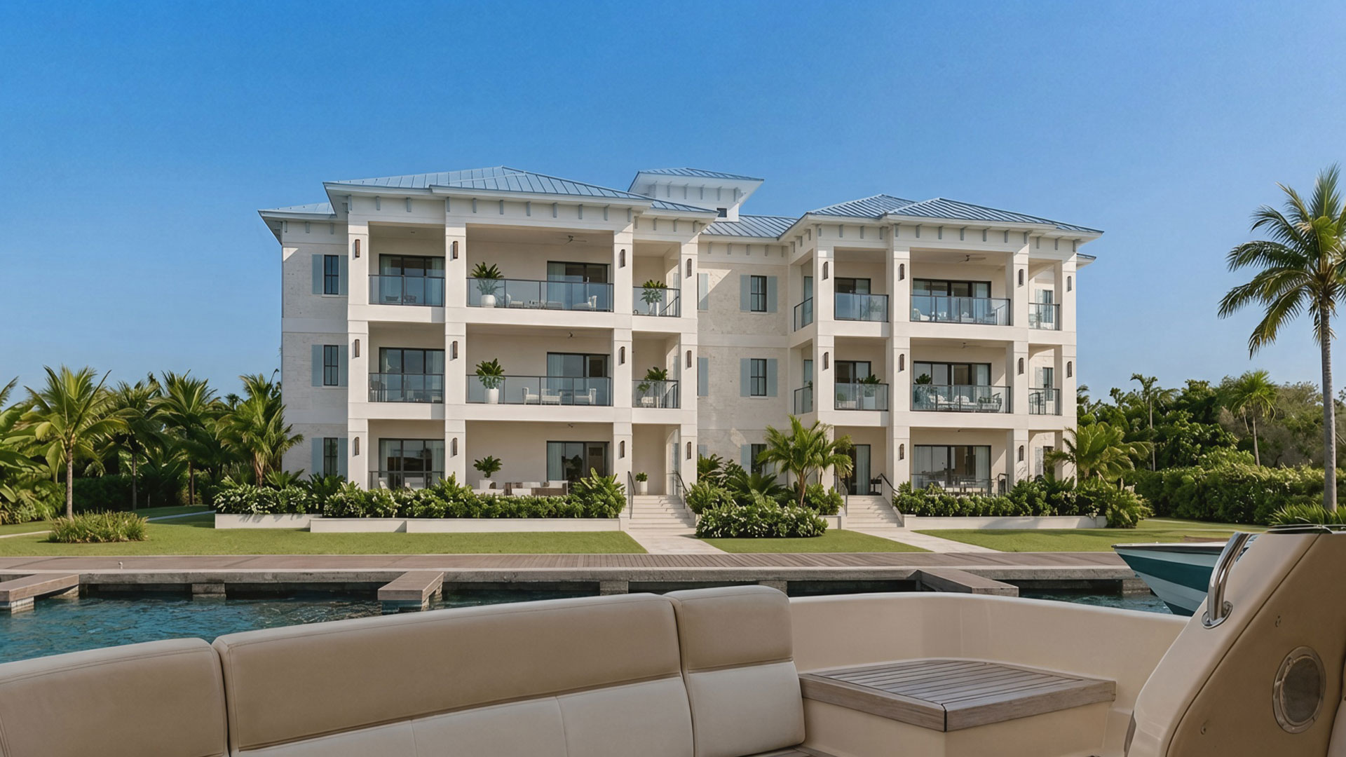 Rendering of the new waterfront residences at Grand Bahama Yacht Club, seen from the water
